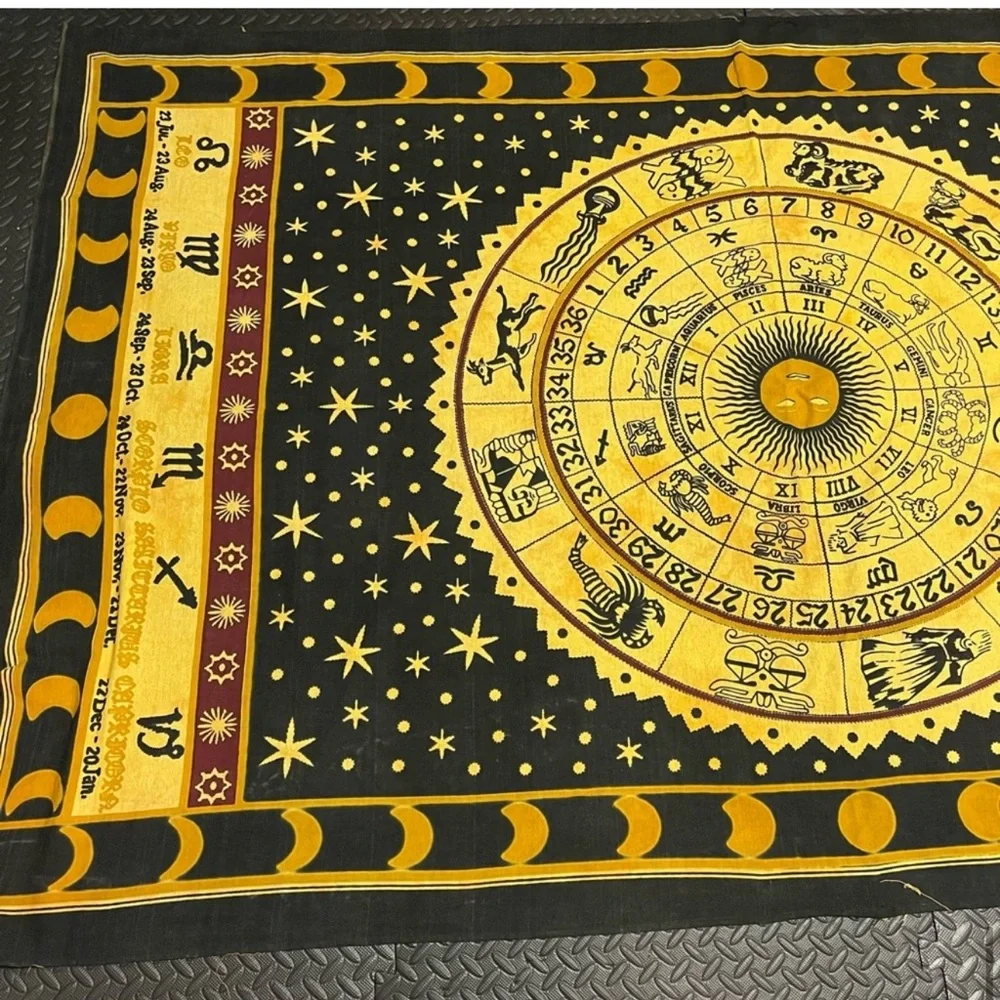 Astrology Zodiac Tapestry Wall Art Moon Phase Indian Cotton Black Yellow Vintage